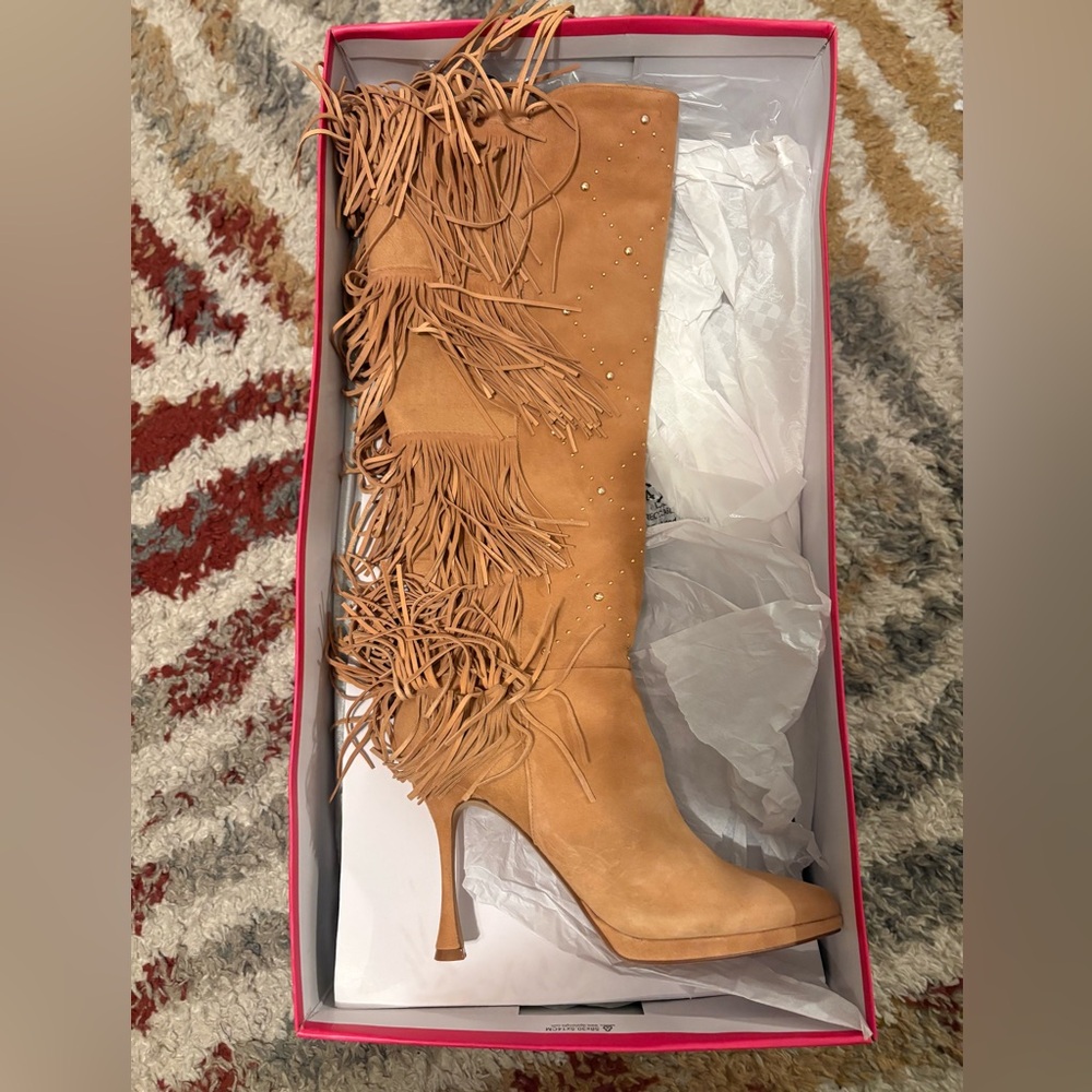 Vince Camuto Tan Fringed Heeled Boots